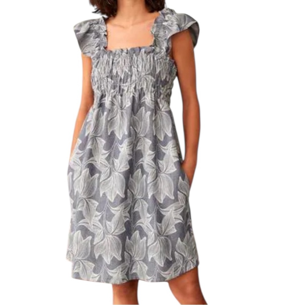 Next Blue Chambray Leaf Print Smocked Dress Large